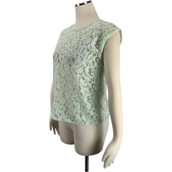 LOFT SP Lace Blouse Small Petite Mint Green Pastel Short Sleeve - Picture 2 of 6